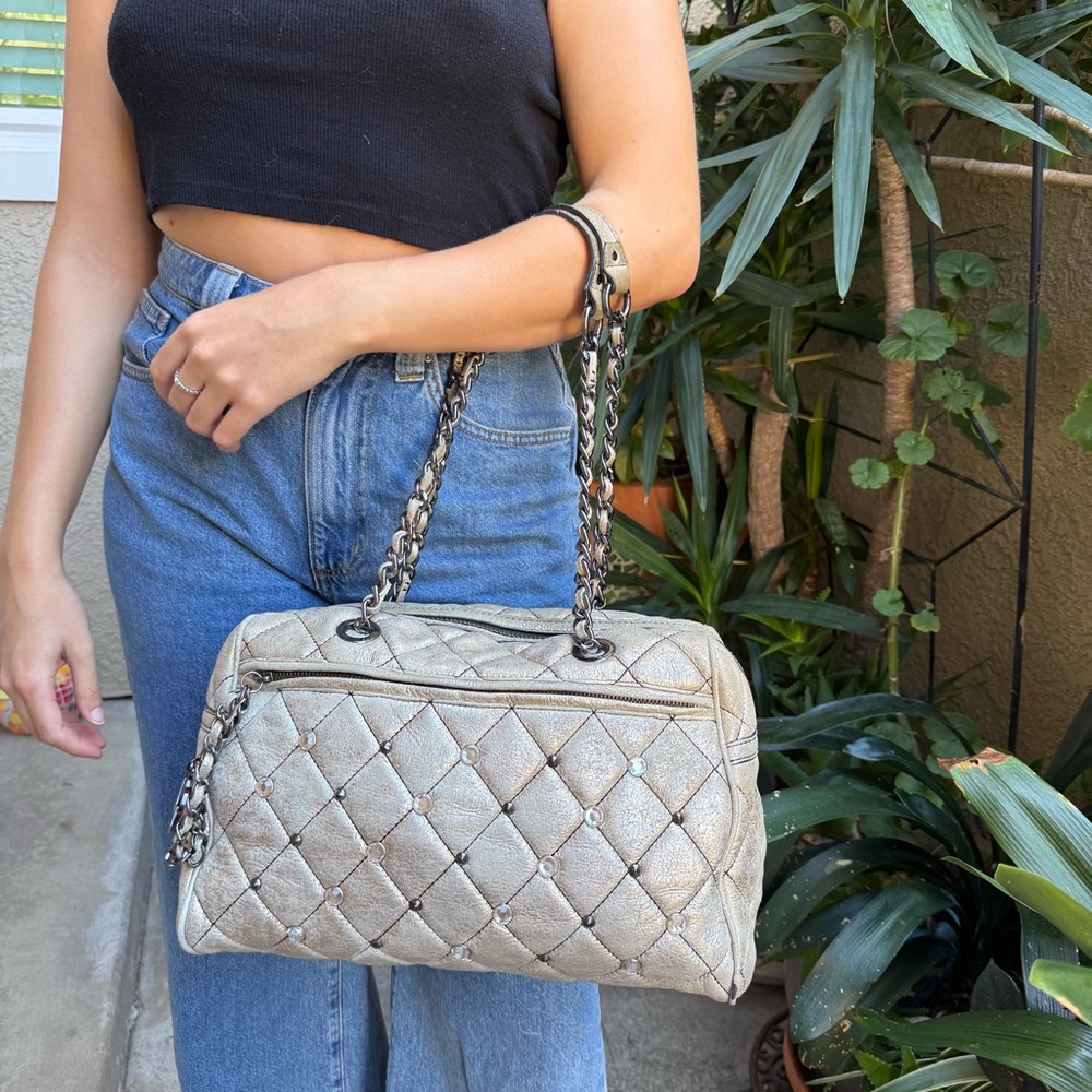 Vintage Y2K Betsey Johnson Golden Quilted Leather Shoulder Bag with Studs